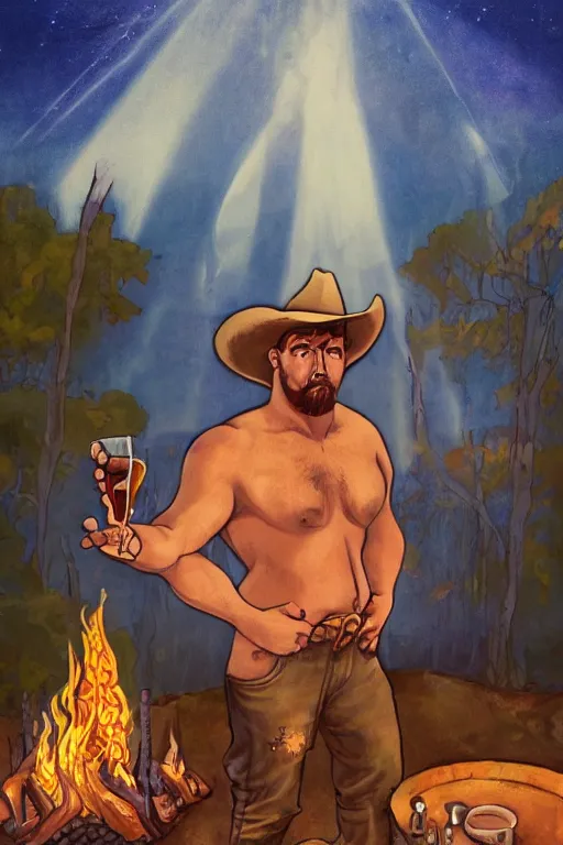 Image similar to an ethereal tarot card painting of a shirtles sly cowboy with a chubby build and beer belly hunched over | background is a serene campfire | tin cans and jugs of whisky | tarot card, art deco, art nouveau | by Mark Maggiori | trending on artstation