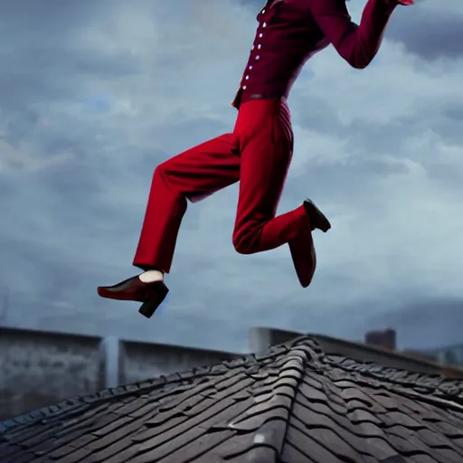 Prompt: a joker wearing suspended trouser dancing on the roof, 8k, realistic