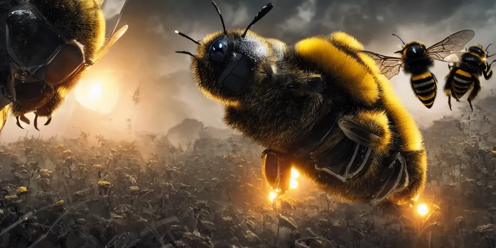 Image similar to Bumblebees going to war versus Humanity, realistic 4k octane beautifully detailed render, 4k post-processing, highly detailed, intricate complexity, epic composition, magical atmosphere, cinematic lighting, masterpiece, ultra hd