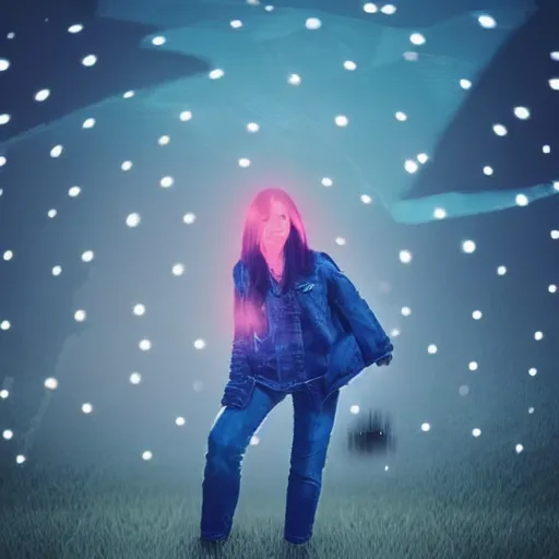 Prompt: a woman with long dark hair holding a cat in her arm standing on steps in a field at night, a hologram by kusama, instagram, optical illusion, full body, ultra hd, neon, pexels contest winner, high quality photo, rtx, hd, shiny eyes