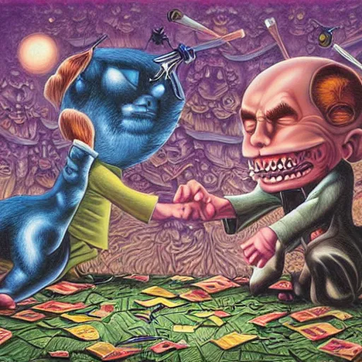 Prompt: wizards duel painting by Mark Ryden and Todd Schorr, Jack Kirby