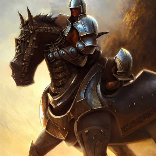 Prompt: a paladin in heavy armor riding an armored warhorse, artstation hall of fame gallery, editors choice, #1 digital painting of all time, most beautiful image ever created, emotionally evocative, greatest art ever made, lifetime achievement magnum opus masterpiece, the most amazing breathtaking image with the deepest message ever painted, a thing of beauty beyond imagination or words, 4k, highly detailed, cinematic lighting