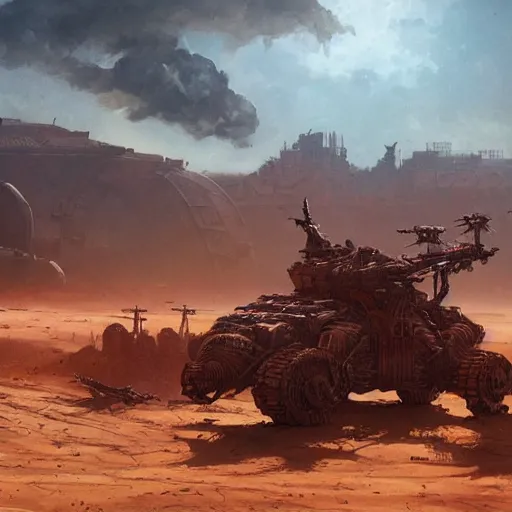 Prompt: mech, post-apocalyptic, hulking, wide shot, desert background, highly detailed, digital painting, artstation, concept art, sharp focus, illustration, art by artgerm and greg rutkowski and magali villeneuve, Zdzisław Beksiński, red brown and white color scheme