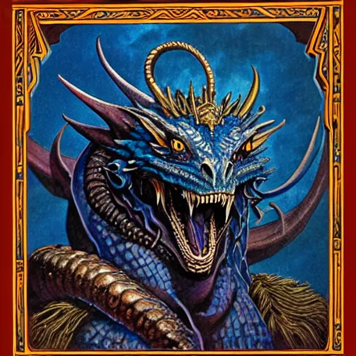 Image similar to head and shoulders portrait of a medieval d & d fantasy anthropomorphic blue dragon - human hybrid sorcerer, d & d rulebook cover art by jeff easley and hr giger