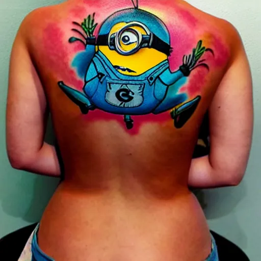 Image similar to tattoo of minion on female back, epic, colorful, beautiful, intricate detail