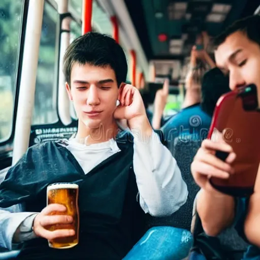 Image similar to a bored tired young university student is riding a very crowded public bus, he's holding a bottle of fizzy dark beer and is looking at his smartphone. student is wearing a black shirt, has slick dark brown hair and a round face with mild acne. professional stock photo, bokeh, 4 k