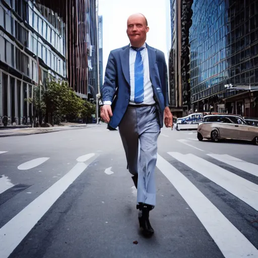 Image similar to a giant middle aged balding blue eyed white man dressed in a white shirt, gray pants and black dress shoes walking in a miniature city