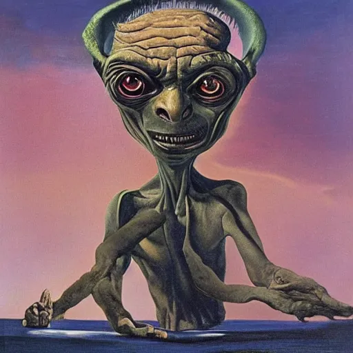 Image similar to Gollum holding the ring of power over his head, oil painting, by Salvador Dali