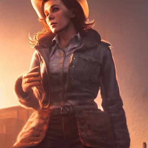 Image similar to fallout 5, charismatic beautiful, rugged, brunette female protagonist wearing a cowboy - hat, portrait, outdoors ruined cityscape, atmospheric lighting, painted, intricate, volumetric lighting, beautiful, spring, sharp focus, deep colours, ultra detailed, by leesha hannigan, ross tran, thierry doizon, kai carpenter, ignacio fernandez rios