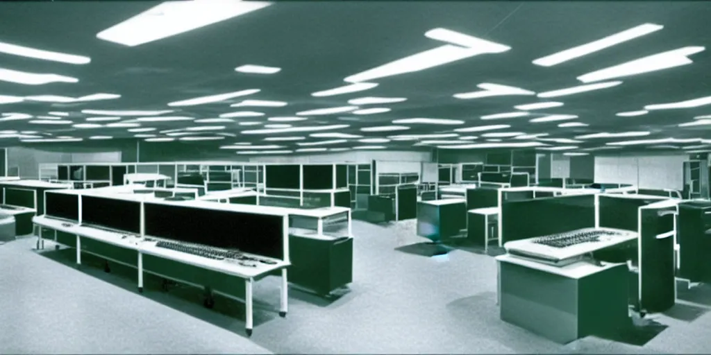 Prompt: a large 1970's computing room with 9-track machines and green glowing screens. by IBM by Amdahl.