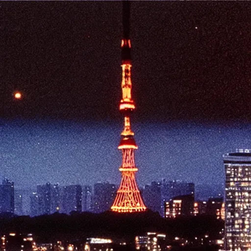 Prompt: photo of : the enormous mothership from close encounters of the third kind is hovering over tokyo tower in minato ward at night.