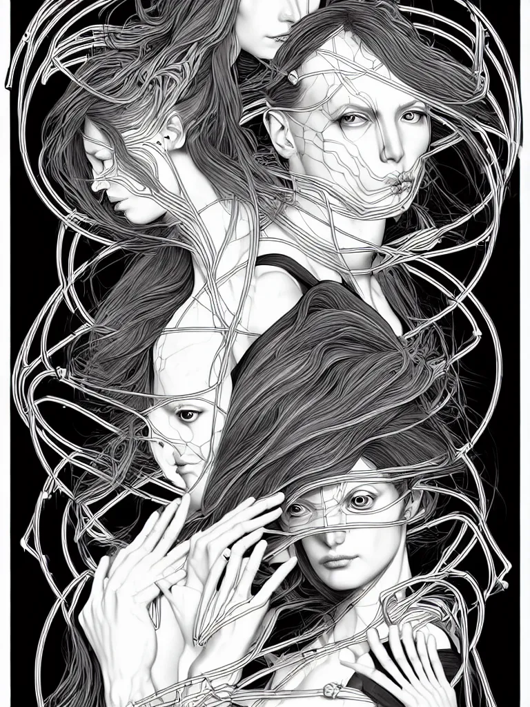 Prompt: x - ray bioscans of mutant transhumanist ai cult, style blending æon flux, shepard fairey, hideo kojima, mobius, and botticelli, inspired by pre - raphaelite, and shoujo manga, ultralight quantum machine, bizarre and elegant, superfine linework, 4 k photorealistic,