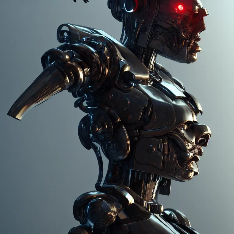 Image similar to a mugshot of a cyborg criminal, octane render, volumetric lighting, nvidia raytracing demo, by Andy Thomas, Mario Martinez, Daniel Mirante, Gustave Dore, Artstation, CGsociety, masterpiece