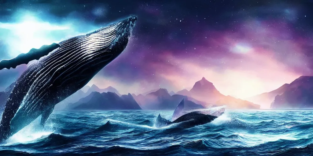 Prompt: a beautiful scenary of a fantasy world of a giant humpback whale on galaxy with the background of planet jupyter, artstationHD, digital painting, hyper detail, elegant, cinematic, epic lighting, very very very very beautiful scenery