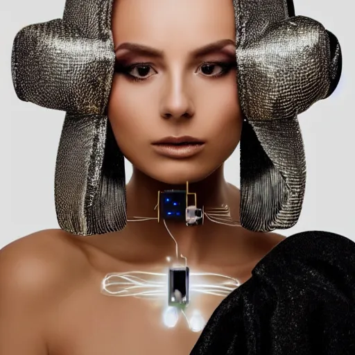 Prompt: portrait of a beautiful futuristic woman layered with high-tech jewelry wrapping around her face and head, golden-silver light