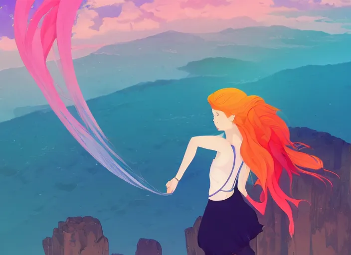 Image similar to a beautiful young woman with rainbow hair standing on a clifftop. clean cel shaded vector art. shutterstock. behance hd by lois van baarle, artgerm, helen huang, by makoto shinkai and ilya kuvshinov, rossdraws, illustration, art by ilya kuvshinov