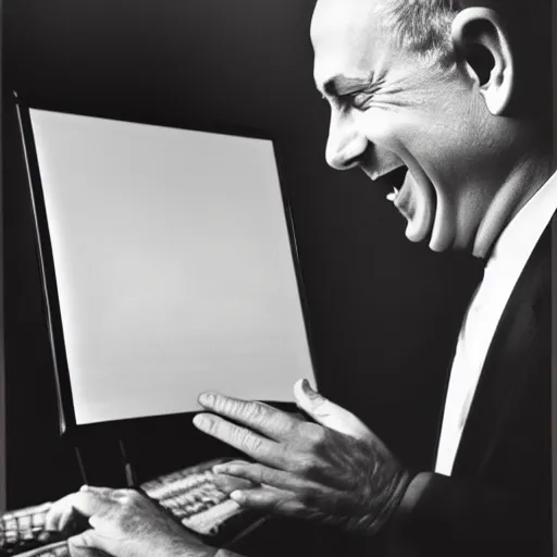 Image similar to benjamin netanyahu laughing at computer screen, in office, alone, black background, by norman rockwell