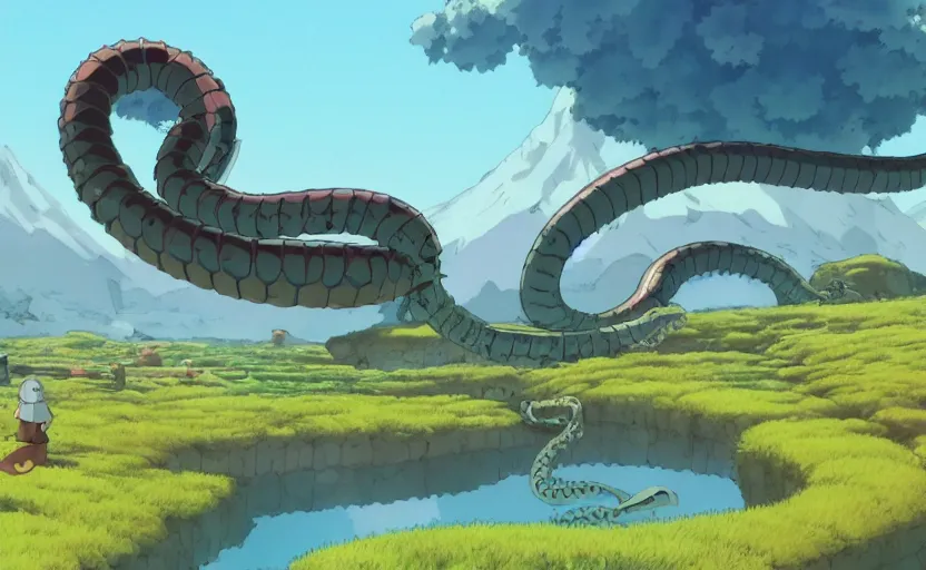 Prompt: a cell shaded movie still from a studio ghibli cartoon showing a highly detailed landscape with a giant mechanical snake from howl's moving castle in an oasis in the desert. misty, depth perception, 4 k