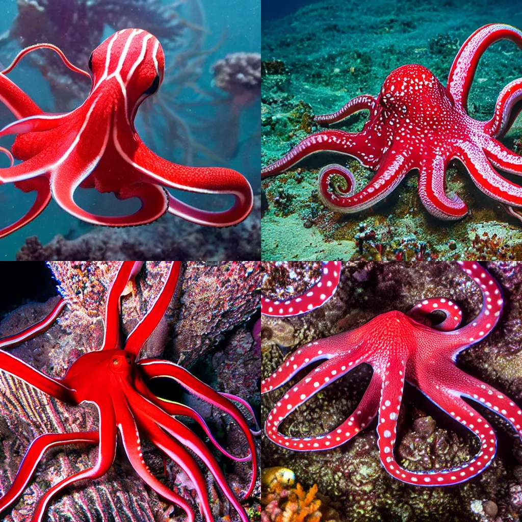 Prompt: wildlife photography, red striped octopus, deep sea, award winning photo