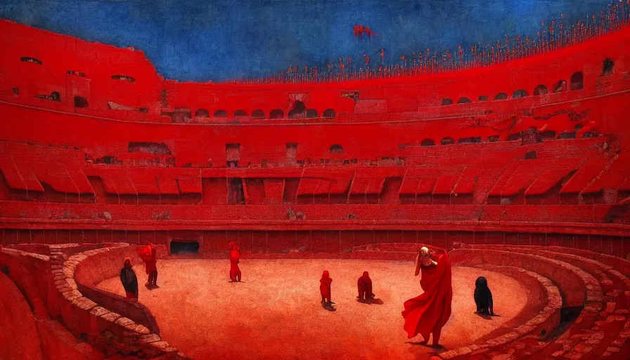 Prompt: only with red, a red gladiator in a crowded roman amphitheatre, crowd cheers him, in the style of beksinski and edward hopper and rodcenko and yue minjun, intricate and epic composition, red by caravaggio, highly detailed, masterpiece, red light, artstation