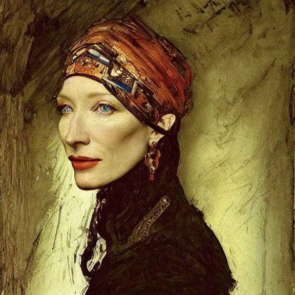 Prompt: cate blanchett by Annie Swynnerton and Nicholas Roerich and Vermeer, strong dramatic cinematic lighting, ornate headdress, lost civilizations, smooth, sharp focus, extremely detailed