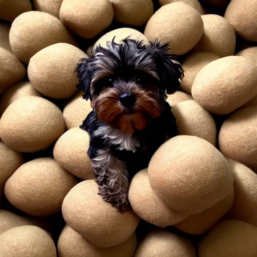 Prompt: yorkiepoo sitting in a pile of mochi, realistic, hd