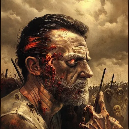 Prompt: ultra realistic portrait painting of the walking dead, art by frank frazetta, vintage levi ’ s ad, stormy weather, dark vibes, 4 k, ultra realistic, highly detailed, epic lighting