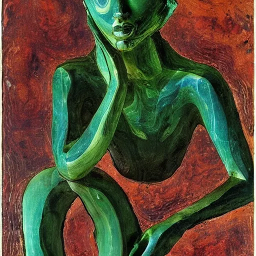 Prompt: malachite by arthur boyd, by hans baldung saturated, lines. a beautiful sculpture. i was born in a house with a million rooms, built on a small, airless world on the edge of an empire of light & commerce.