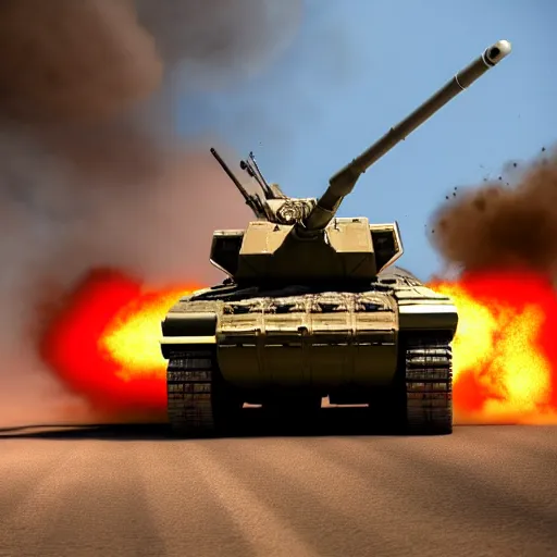 Prompt: highly detailed and textured, m 1 abrams main battle tank firing it's gun with a huge muzzle blast in the style of black hawk down, global illumination, cinematic shadows and lighting,