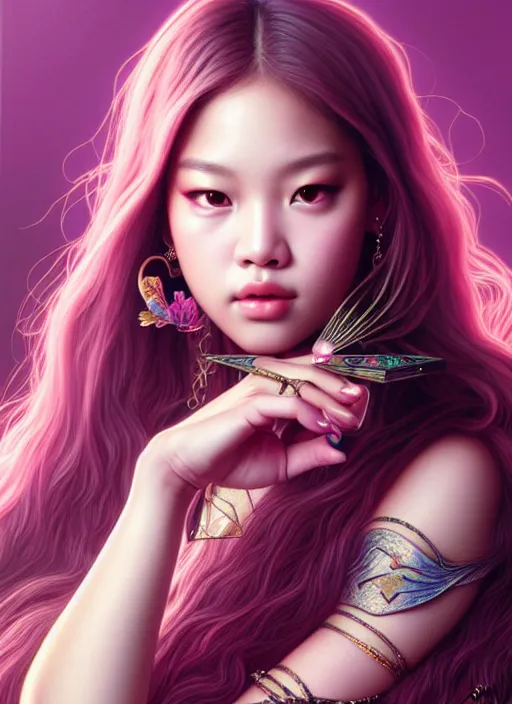 Image similar to jennie of blackpink, queen, tarot card, highly detailed, digital painting, smooth, sharp focus, illustration, ultra realistic, unreal engine, 8 k, art by artgerm and alphonse mucha