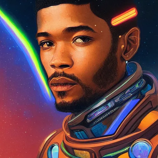 Image similar to scifi character portrait of Kid Cudi piloting a spaceship, light leak, rainbow spectrum, intricate, wild, highly detailed, digital painting, artstation, concept art, smooth, sharp focus, illustration, art by artgerm and greg rutkowski and alphonse mucha