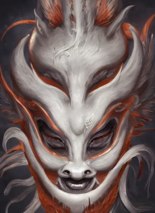 Prompt: a beautiful detailed oil on copper art illustration of a japanese oni kitsune mask devil woman, the mask is broken, centered, by charlie bowater, zeng fanzh, trending on artstation, dim dusk lighting, cinematic lighting, detailed lighting, volumetric lighting, realistic, f 8, 4 k hd wallpaper