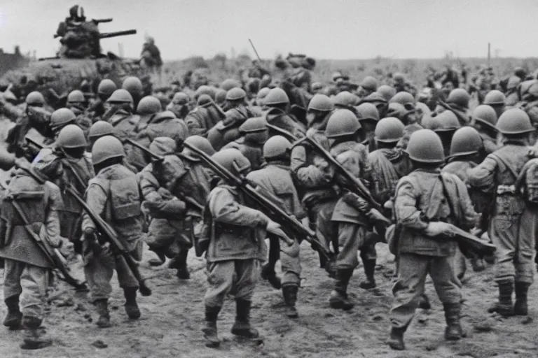 Image similar to baby soldiers storming normandy, old world war 2 photo, film grain