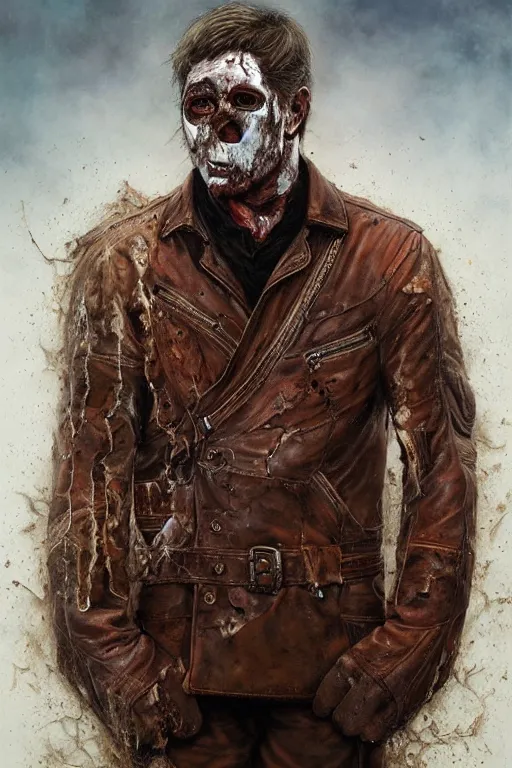 Image similar to a man with a black eye and bloody face wearing a brown leather jacket with a white fur collar. art by tomasz alen kopera and glenn fabry.