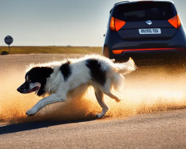 Prompt: border collie dog in the driver's seat of an orange nissan note, paws on wheel, car moving fast, rally driving photo, award winning photo, golden hour, front of car angle, extreme motion blur, 3 0 0 mm lens