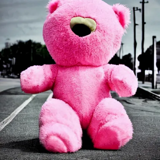 Prompt: fluffy pink teddybear in superhero costume, cinematic explosions, dramatic pose