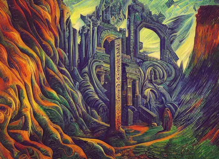 Image similar to “A surreal oil painting of an ancient temple guarded by Ra, by Dan Mumford and Umberto Boccioni, open portals, realistic shading, complimentary colors, vivid colors, aesthetically pleasing composition, masterpiece, 4k, 8k, ultra realistic, super realistic”