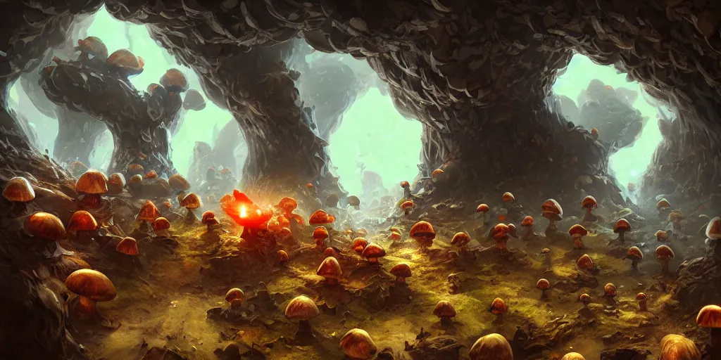 Prompt: goblin miners in a mushroom cave, concept art, digital illustration, trending on artstation, deviantart, artgerm, epic composition, masterpiece, highly detailed, advanced technique, ambient lighting, wlop, ross draws