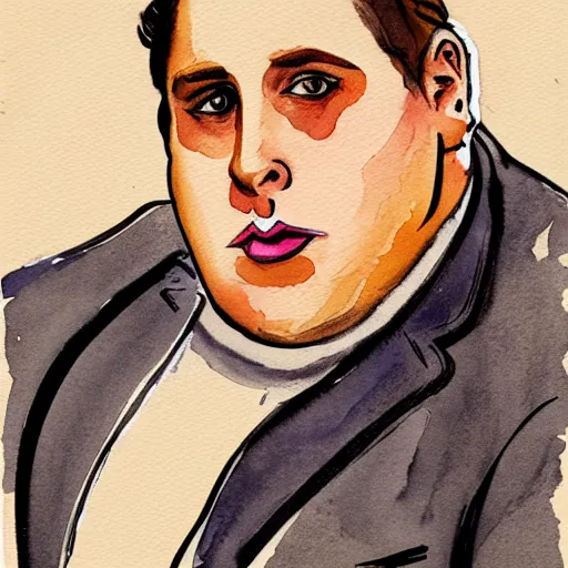 Image similar to jonah hill, stylized. Watercolor and ink. 1940s.