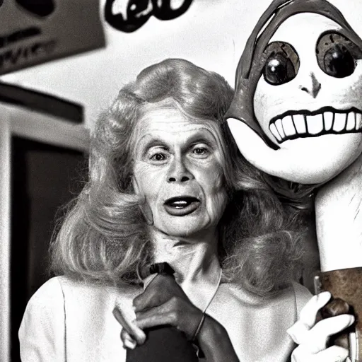Prompt: archival photo of a woma and , a puppet that looks like Caspar the Friendly Ghost, in a sidewalk cafe, 16mm film soft color, earth tones and some primary colors 1976, archival footage, in style of doris wishman russ meyer, woman looks like lauren hutton