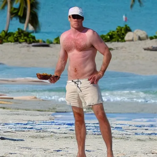 Image similar to michael c hall as dexter on the beach in miami eating a cuban sandwich