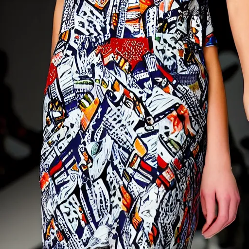Prompt: close up of a fashion model with dress with a woman print on dress, catwalk photo, highly detailed