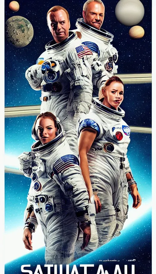 Image similar to movie poster of astronauts, saturn, highly detailed, hyper realistic, large text, fifth element style