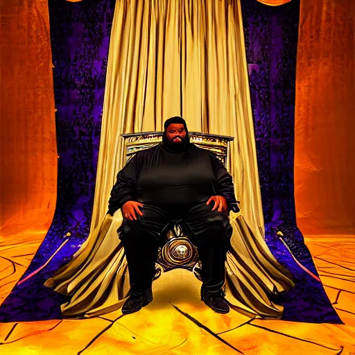 Prompt: Large black man sitting on throne wrapped in silk, background made of large folding curtains, blacklight lighting, dark, hyper detailed, hyper realistic, 8K phot realistic,