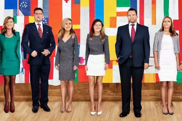 Image similar to full body portrait of a 3 5 year old man standing with his arms around his two girlfriends, one on either side, infront of a line of canadian flags. everyone is wearing formal business attire. atmosphere is serious, dignified, traditional. official government portrait. oil painting, very realistic, 2 1 st century