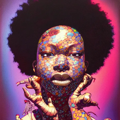 Prompt: afropunk portrait soft light painted by james jean and katsuhiro otomo and erik jones, inspired by akira anime, smooth face feature, intricate oil painting, high detail illustration, sharp high detail, manga and anime 1 9 9 9