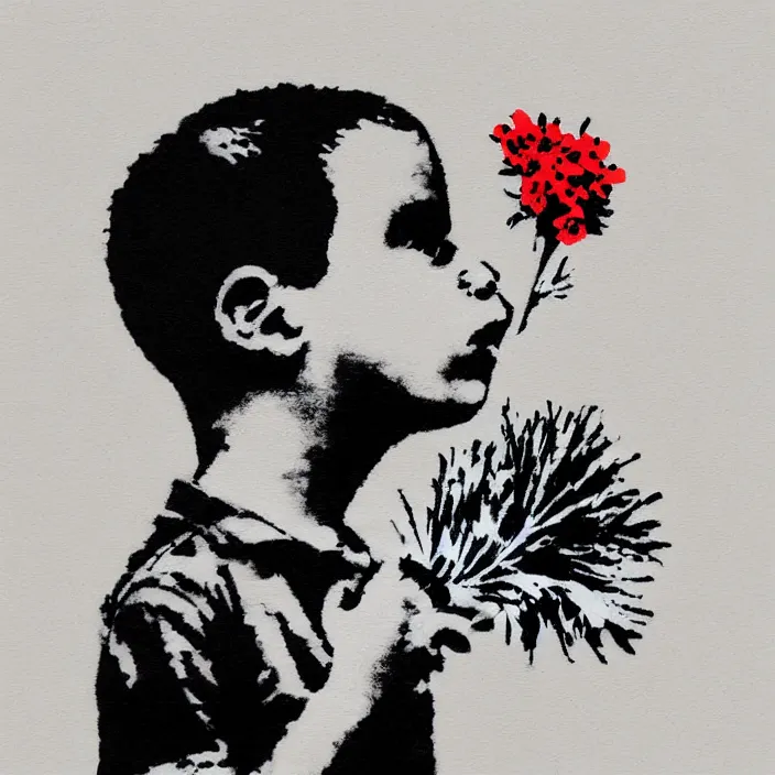 Image similar to a right side profile of a boy holding flowers in the style of Banksy, graffiti, digital art