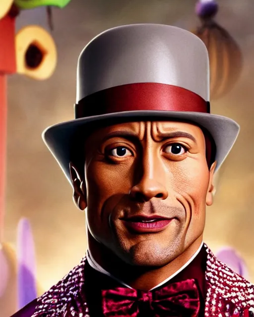 Image similar to Film still close-up shot of Dwayne Johnson as Willy Wonka from the movie Willy Wonka & The Chocolate Factory. Photographic, photography