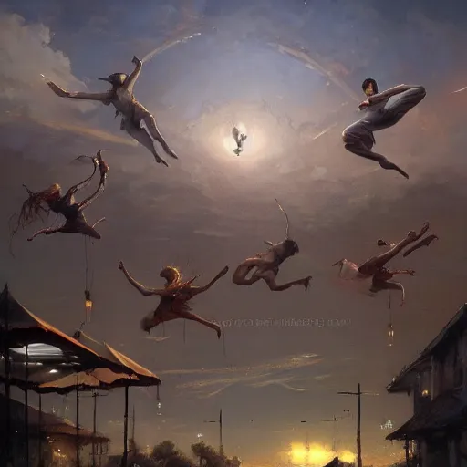 Prompt: concept art, air dancers by farmer's market, 8 k, by james gurney, greg rutkowski, and john howe, background of the sky at dusk, artstation