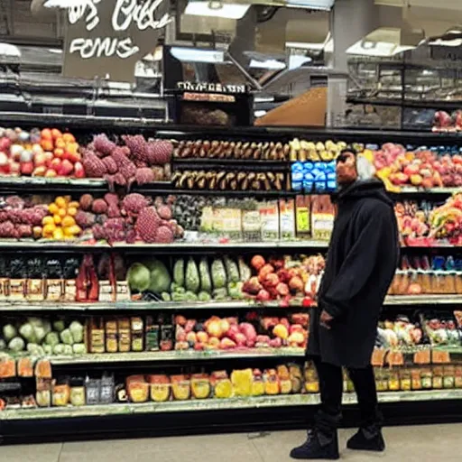 Prompt: grocery store filled with multiple kanye wests shopping